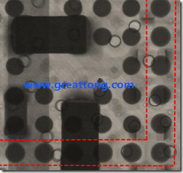 BGA錫球尺寸小于0.4mm，采用降低BGA內圍襲球的錫膏量所得到X-Ray，稍微留意一下可以發現最外圈的錫量(圓的直徑)比其他內圍的錫球上的錫量來得多一點點。也就是外圈的黑色圓形直徑比內圈的圓形來得大一點點。