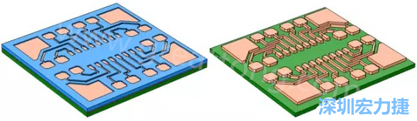 銅被電鍍在導電種子層之上，從而填滿了PCB板上的圖形化光刻膠腔體(左)。清除光刻膠，蝕刻暴露出的種子層以分隔開不同的銅線(右)-深圳宏力捷