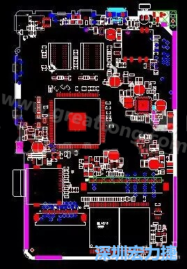 上圖是一個開發板的PCB，從布局中可以看出各個接口電路分離很明確，SDRAM和DDR以及SD卡接口電路等走線不會造成相互的干擾。-深圳宏力捷