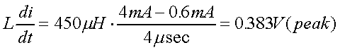 舉例來說，一個閘在"ON"而載有4mA的電流時，突然開關切到"OFF"且現在載有0.6mA的電流，假設開關時間為4msec，載有450mH的電感信號的導體，此時所產生的電壓突波為