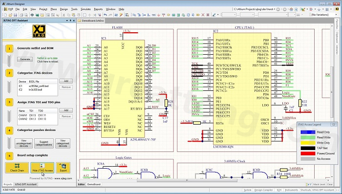 XJTAG DFT Assistant的Access Viewer模式可以清楚地顯示可用的測試存取層級，讓電路板設計人員在展開PCB布局以前的原理圖擷取階段盡可能地提高測試存取能力