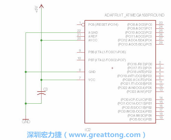 3.1.    新增微控制器晶片（RBBB → ATmega），把它放在電路原理圖的中央附近，把它的兩個接地接頭連接到接地訊號端。