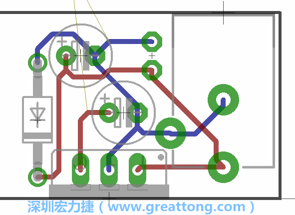 接地連結點的布線情形如下圖所示，利用這個練習來避免電路連線銳角化的產生是一個不錯的選擇，你可以在工具列中的彎曲線路（Wire Bend）選項里改變各種布線的變化。