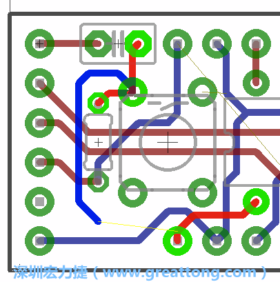 要在電路板正面進行+5V信號線連結和其他連結點的布線工作是非常容易的，而重置信號線（信號線用來連結電路板正面左邊的重置開關）需要經過一個可以通過電路板正反兩面的電路通道，這個通道是一個可以讓電路板正反兩面線路連接的一個小孔。