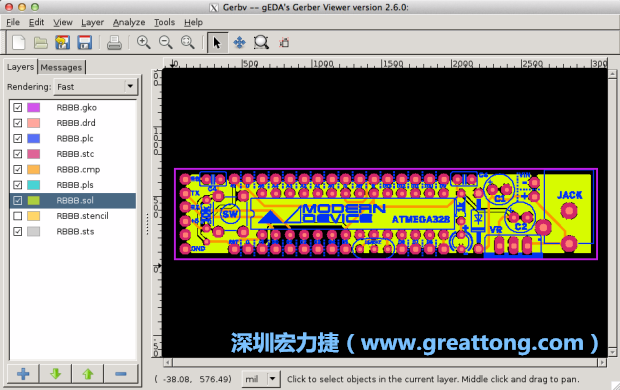 將圖層匯入你的Gerber預覽工具內（下圖為Gerbv），我通常會從上到下重新排列它們的順序，好讓我比較好校對：