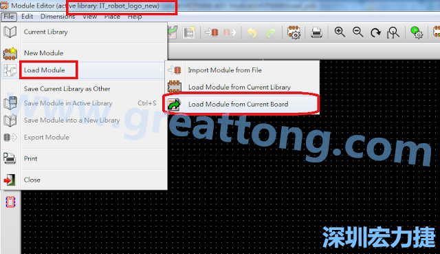 進入Module Editor去載入其他Footprint(Module)進來， 從目前的Active library (不過要先選取一個Current library ) 載入Module 或從目前正在編輯的PCB載入Module。