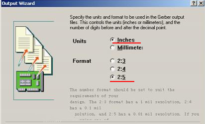 在上圖中選擇“Inches 2：5”，以確保資料精度，反之線寬、線距或孔有偏移現象